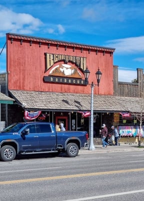 Shops and restaurants on Canyon Street in downtown West Yellowstone