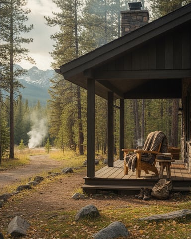 Modern cabin porch with Adirondack chair overlooking forested valley and distant mountains
