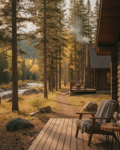 Wooden cabin deck with Adirondack chair overlooking river and pine forest in autumn