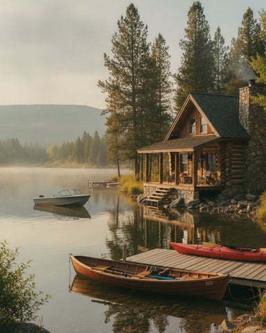 Log cabin with stone chimney on misty lake shore, wooden dock with moored boats and evergreen forest backdrop.