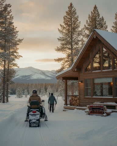 Wooden cabin in snowy forest with snowmobiler and skier, snow-covered mountains in background