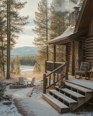 Log cabin with stone chimney and wooden deck overlooking lake, mountains, and pine forest in winter.