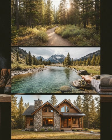 Collage of mountain vacation scenes: forest trail, fly fishing in alpine river, log cabin, hiking boots, and blankets