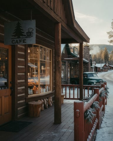 Rustic log cabin cafe with tree and coffee cup sign, snow-covered street, vintage car, and forested mountains in background