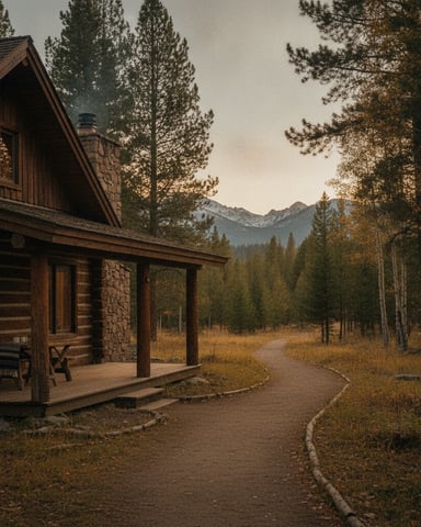 Rustic log cabin with stone chimney and covered porch surrounded by tall pine trees and mountains in distance