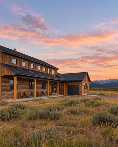 Modern wood farmhouse with covered porch and garage on sagebrush prairie at sunset, mountains in background