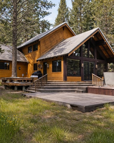 Modern wood cabin with large windows and deck surrounded by tall pine trees and wildflowers.