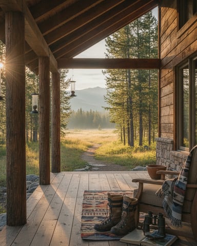 Covered porch with wooden beams and stone walls overlooking forested valley and distant mountains at sunset