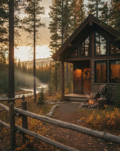 Modern cabin with large windows nestled in pine forest overlooking river valley at sunset, fire pit on patio.