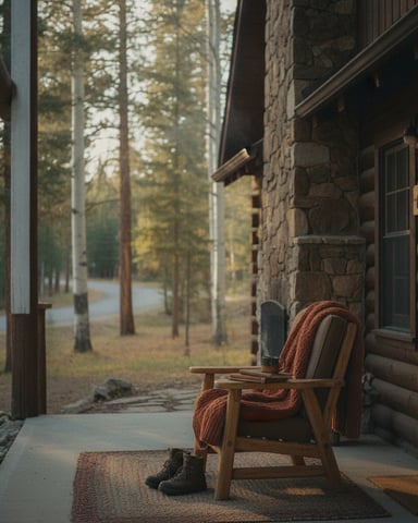 Wooden Adirondack chair with rust-colored blanket on cabin porch overlooking pine forest