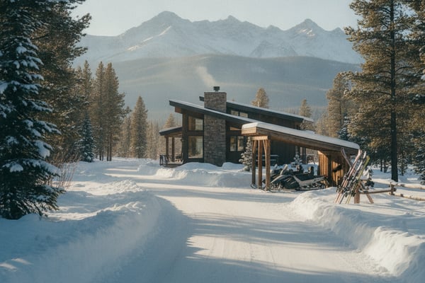 Modern cabin with stone chimney in snowy forest clearing, mountains visible in background