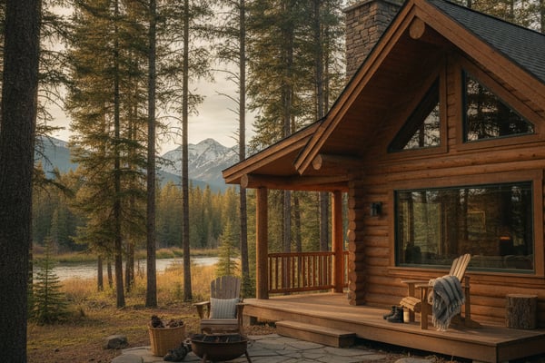 Log cabin with deck and Adirondack chairs overlooking a lake and mountains through pine forest