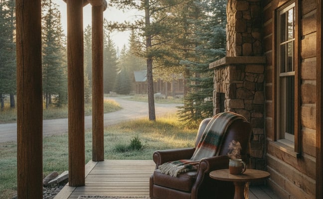 Covered porch with leather armchair and side table overlooking forested driveway and stone cabin exterior.