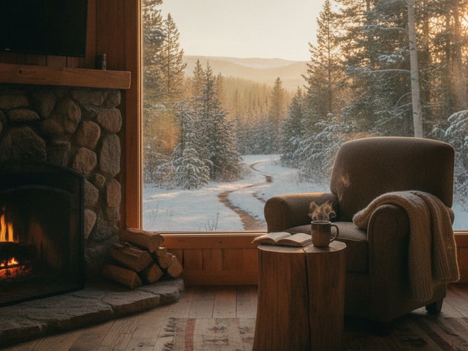 Cozy cabin interior with stone fireplace, armchair, and large window overlooking snowy forest and winding river at sunset.