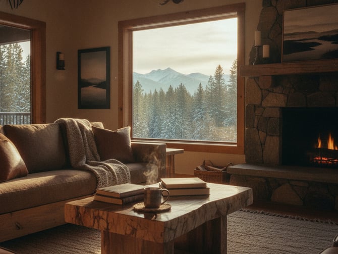 Rustic cabin living room with stone fireplace, brown sofa, wood coffee table, and large window overlooking snowy forest and mountains