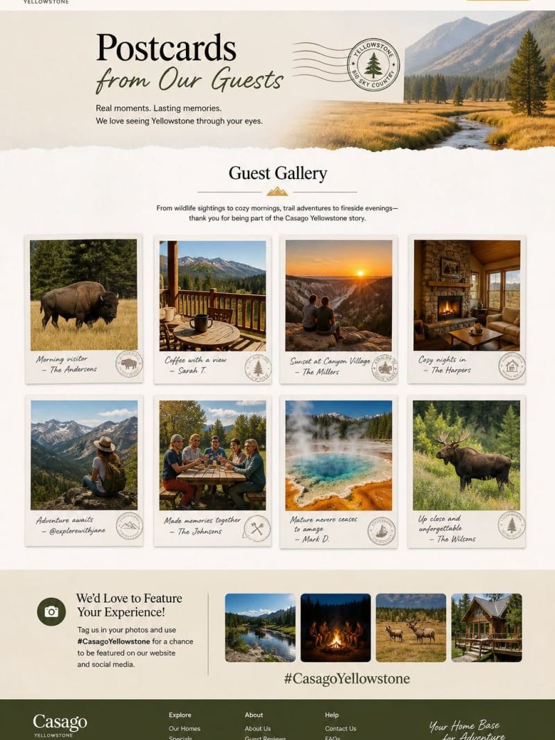 Casago Yellowstone vacation rental website showing guest photo gallery with wildlife, mountain views, and lodge interiors